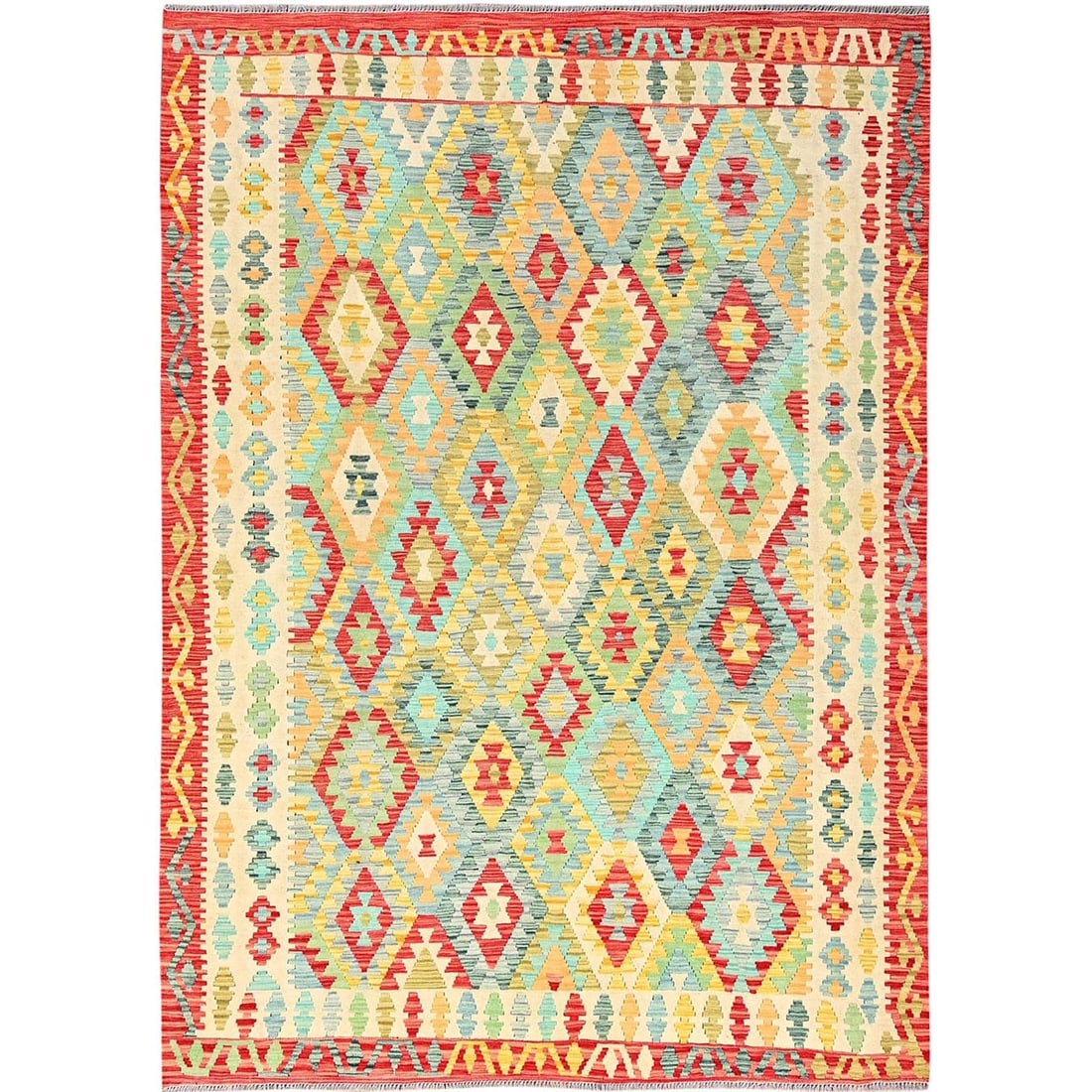 6'8"x9'10" Colorful Afghan Kilim Soft Wool Hand Woven Reversible Rug: 6'8"x9'10" Colorful Afghan Kilim Soft Wool Hand Woven Reversible Rug Soft and vibrant, this 6'8"x9'10" colorful Afghan kilim rug boasts an impressive rectangular field with intricate Oriental regional