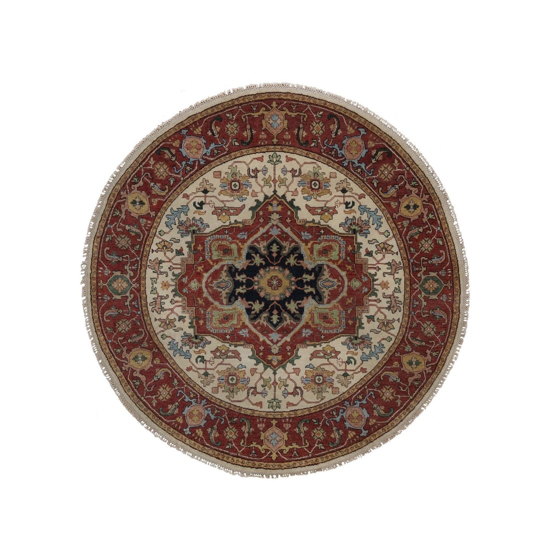 5'10"x5'10" Ivory Soft Wool Fine Heris Re-Creation Hand Knotted Round Rug: 5'10"x5'10" Ivory Soft Wool Fine Heris Re-Creation Hand Knotted Round Rug Hand-knotted in fine ivory soft wool, this stunning 5'10" x 5'10" round rug boasts intricate medallion patterns characteristic