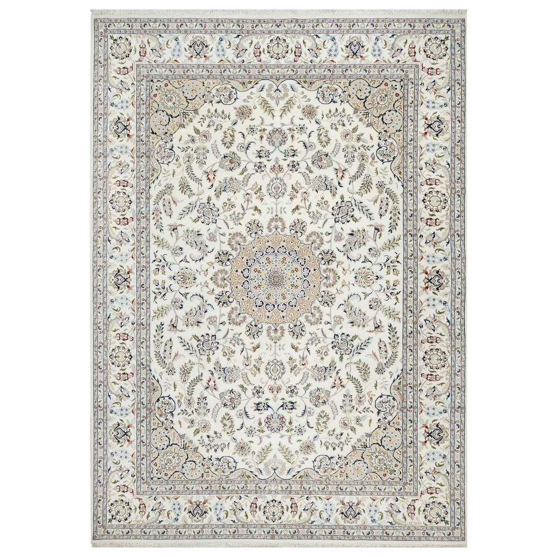 9'9"x13'9" White 250 KPSI Nain Design Wool and Silk Hand Knotted Rug: 9'9"x13'9" White 250 KPSI Nain Design Wool and Silk Hand Knotted Rug 9'9"x13'9" White Nain Design Wool and Silk Hand Knotted Rug - A stunning example of traditional craftsmanship, this hand-knotted ru