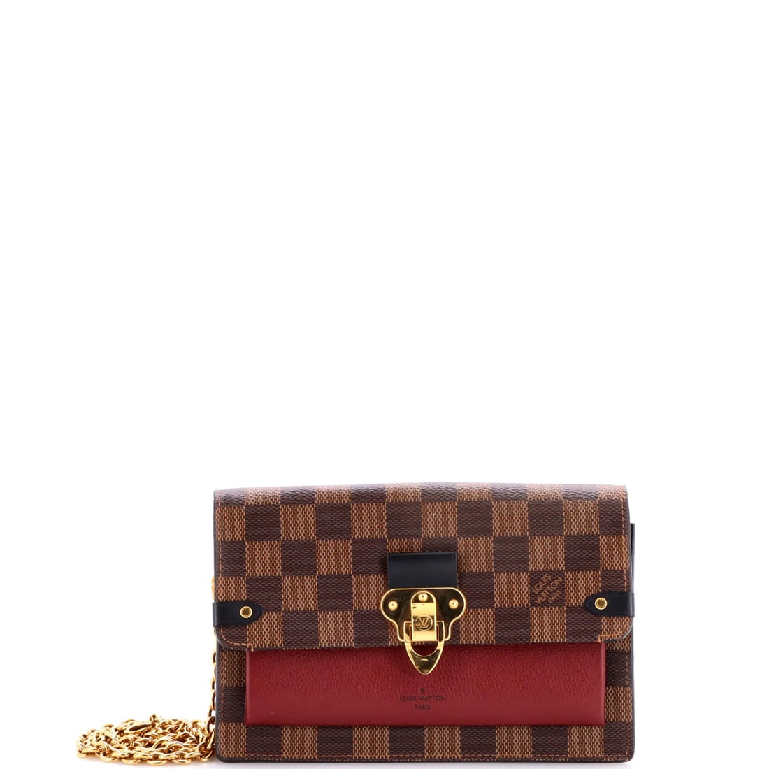 Louis Vuitton Vavin Chain Wallet NM Damier with Leather: Louis Vuitton Vavin Chain Wallet NM Damier with Leather Canvas-coated leather exterior with a unique Damier pattern, the Louis Vuitton Vavin Chain Wallet NM boasts a striking red and brown color schem