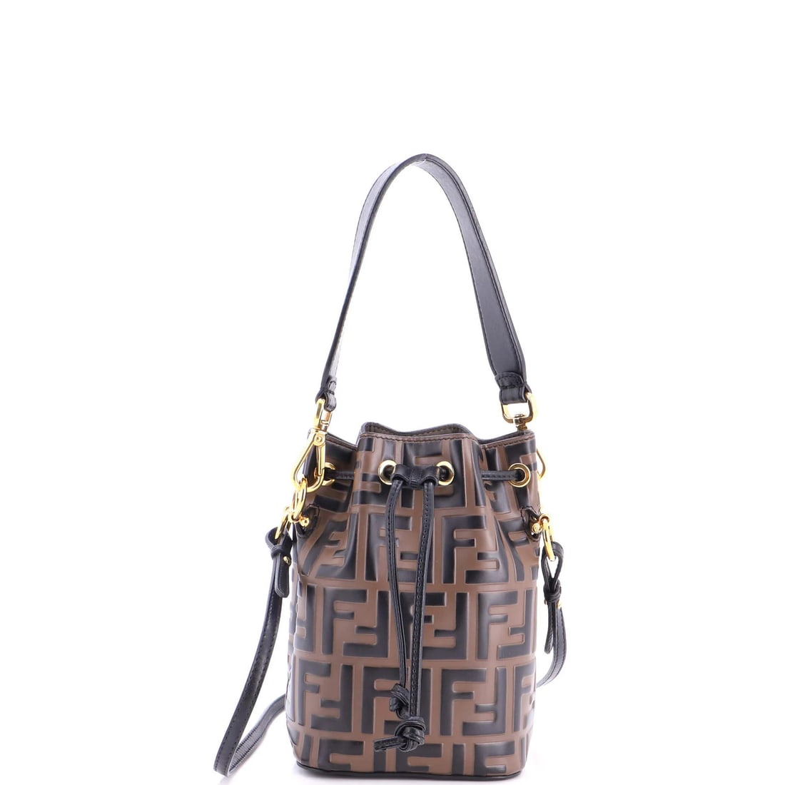 Mini leather bucket bag Zucca embossed Fendi Mon Tresor: Mini leather bucket bag Zucca embossed Fendi Mon Tresor Zucca embossed Fendi Mon Tresor mini leather bucket bag in rich brown exterior, featuring an extra strap for added convenience. This stylish acc