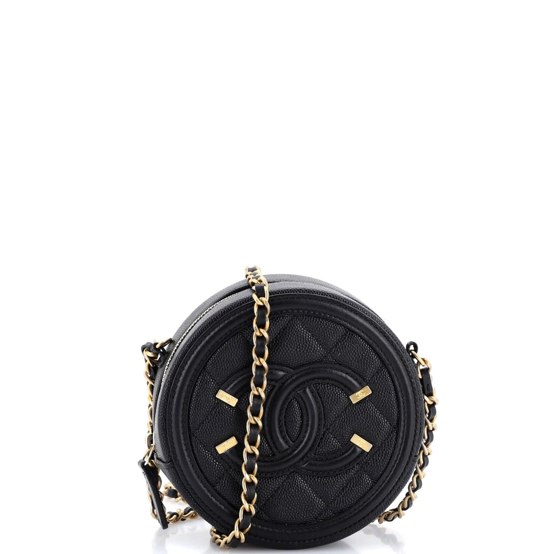Round clutch chain quilted caviar mini by Chanel: Round clutch chain quilted caviar mini by Chanel Black leather cross body bag with chain quilted design, featuring a round Filigree clasp and measuring 5" in height, width, and depth. Minor scuffs on 