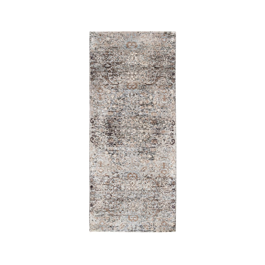 2'6"x6' Gray, Modern, Silk with Textured Wool, Hand Knotted, Runner Rug: 2'6"x6' Gray, Modern, Silk with Textured Wool, Hand Knotted, Runner Rug Silk and textured wool come together in this stunning, hand-knotted Oriental-style runner rug, measuring 2'6" x 6'. The subtle g