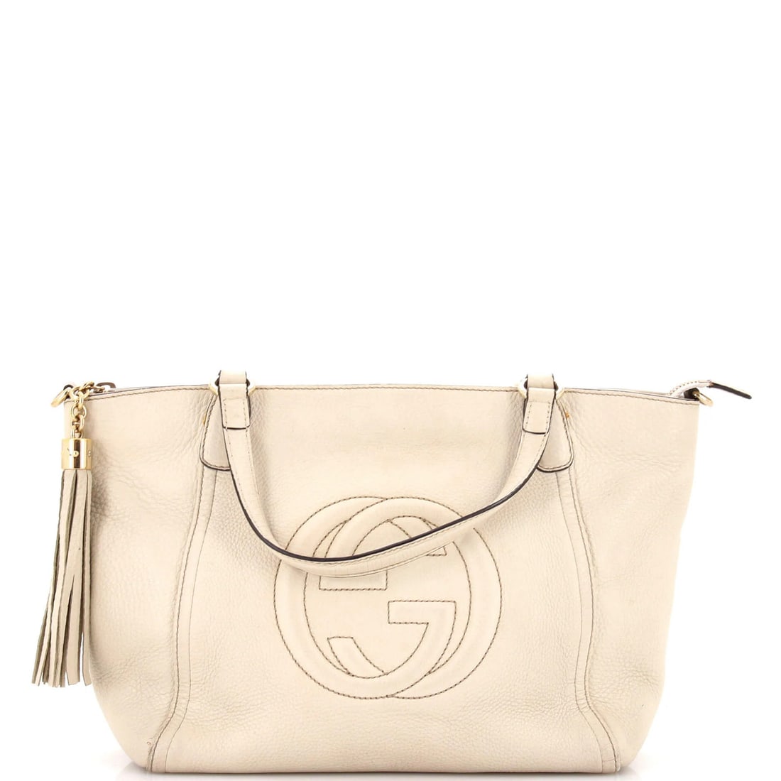 Gucci Soho Convertible Top Handle Bag Leather Small: Gucci Soho Convertible Top Handle Bag Leather Small Gucci Soho Convertible Top Handle Bag Leather Small features a neutral exterior with heavy scuffs, corner wear, discoloration, and creases. The bag'