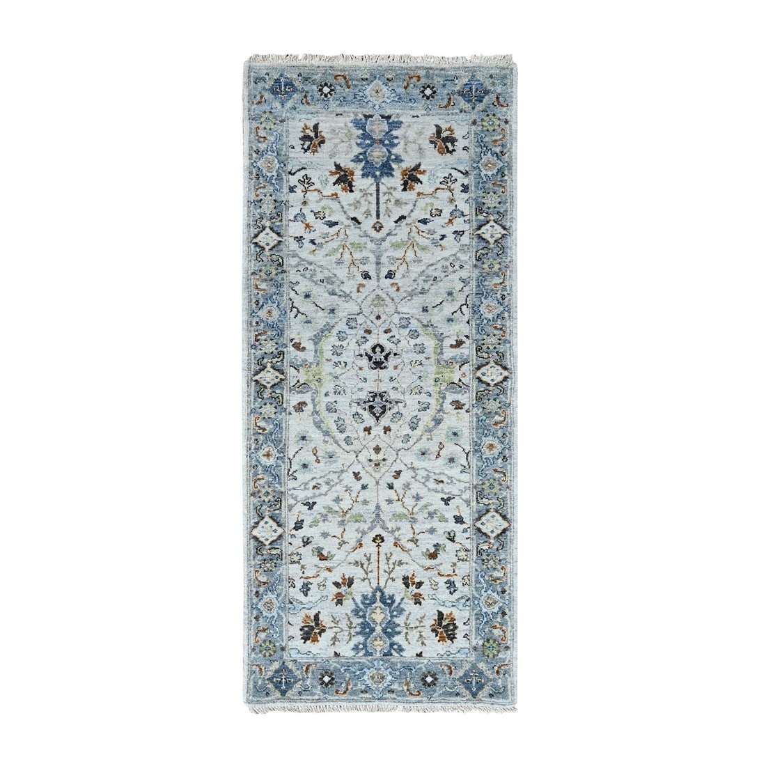 2'5"x5'10" Chiffon White Hand Knotted Denser Weave Oushak Wool Runner Rug: 2'5"x5'10" Chiffon White Hand Knotted Denser Weave Oushak Wool Runner Rug Hand-knotted in dense wool, this ivory Oushak-style runner rug boasts an elegant, oriental-inspired design. Measuring 2'5" x 5