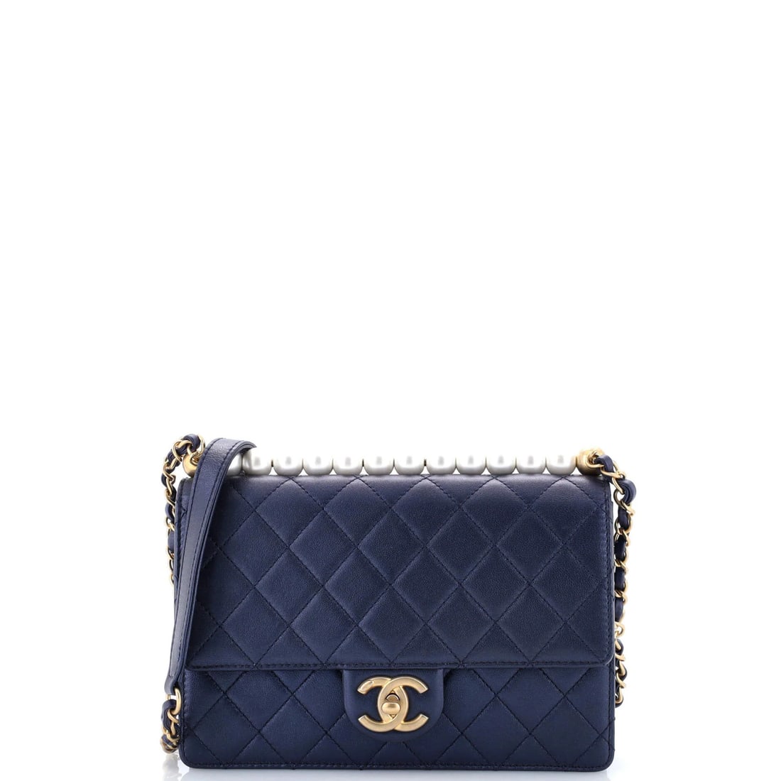 Chanel Chic Pearls Flap Bag Quilted Lambskin Small: Chanel Chic Pearls Flap Bag Quilted Lambskin Small Chanel's iconic Chic Pearls Flap Bag is a timeless classic, boasting quilted lambskin exterior in blue and gold interior. With its signature flap clo