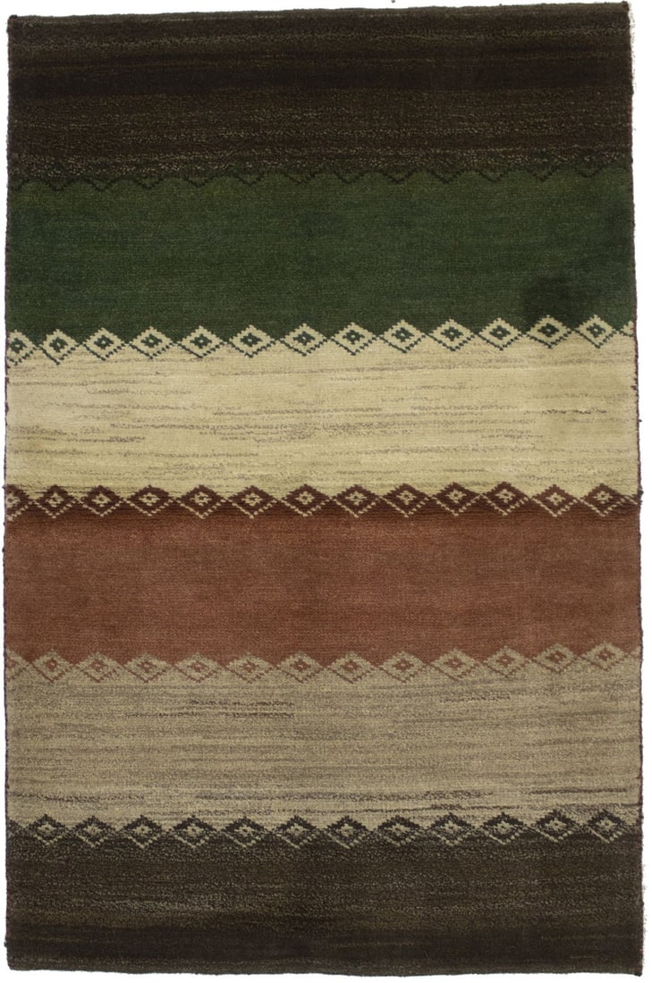 Vintage 3'5X5'3 Gabbeh Oriental Rug Tribal Stripes Design Plush Modern Carpet Hand-Knotted: Vintage 3'5X5'3 Gabbeh Oriental Rug Tribal Stripes Design Plush Modern Carpet Hand-Knotted Hand-Knotted Wool Gabbeh Rug with Vibrant Tribal Stripes. This unique, hand-knotted wool rug boasts a strikin