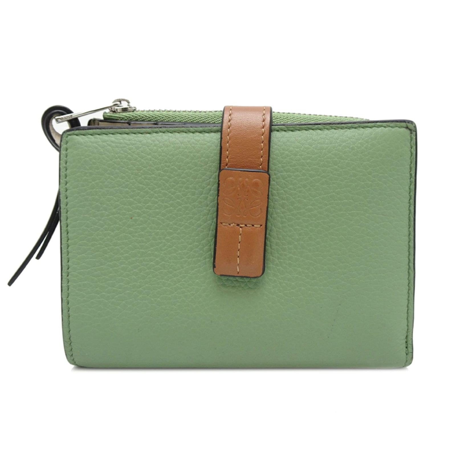 Loewe Wallet (Bi-Fold) Leather: Loewe Wallet (Bi-Fold) Leather Loewe's bi-fold wallet in rich brown leather and moss green accents adds a touch of sophistication to any daily carry. Made from high-quality calfskin, its classic desig