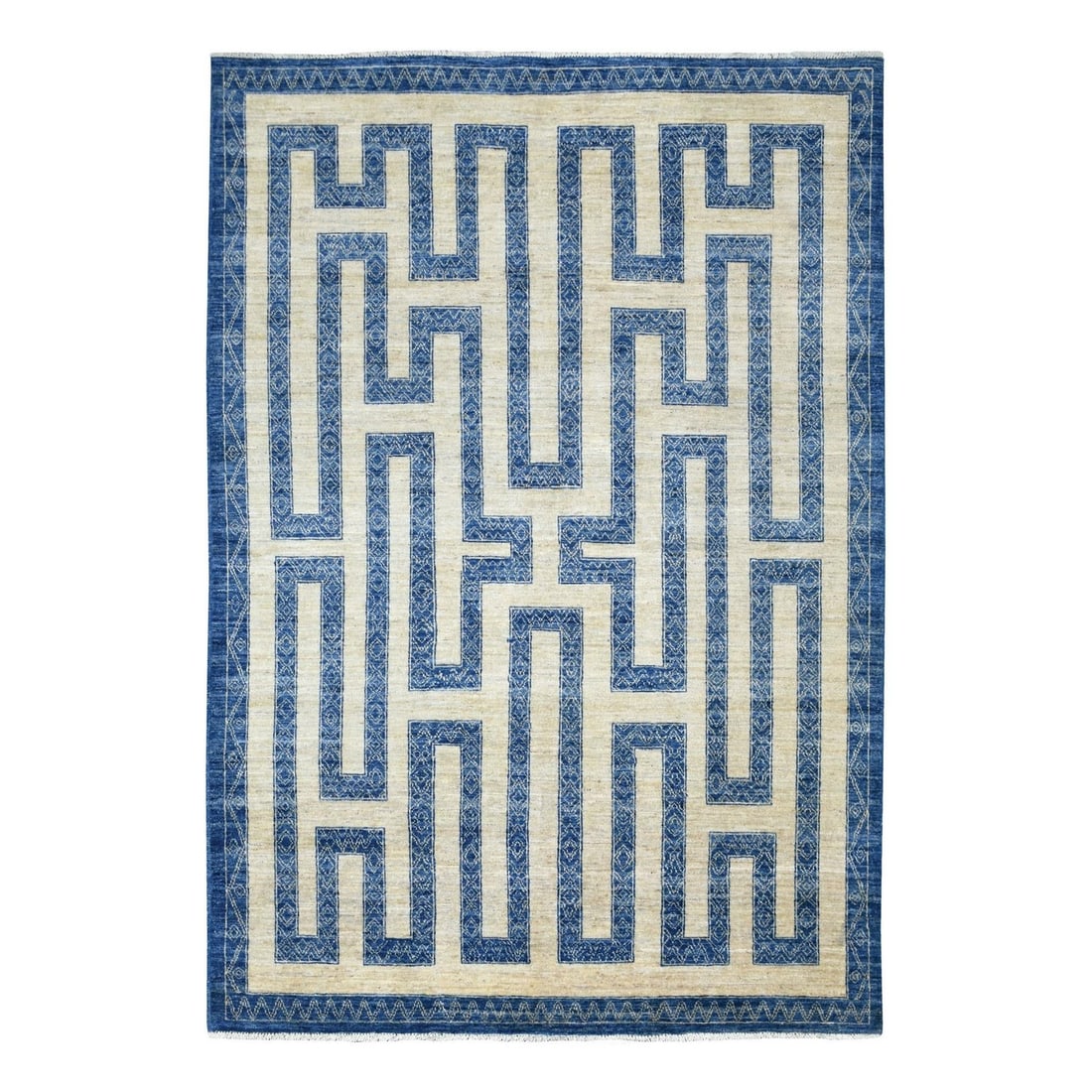 5'10"x8'9" Soft Wool Hand Knotted Denim Blue Maze Design Rug: 5'10"x8'9" Soft Wool Hand Knotted Denim Blue Maze Design Rug Soft wool hand-knotted in a beautiful denim blue maze design, this unique rug measures 5'10" x 8'9". The intricate pattern and rich color