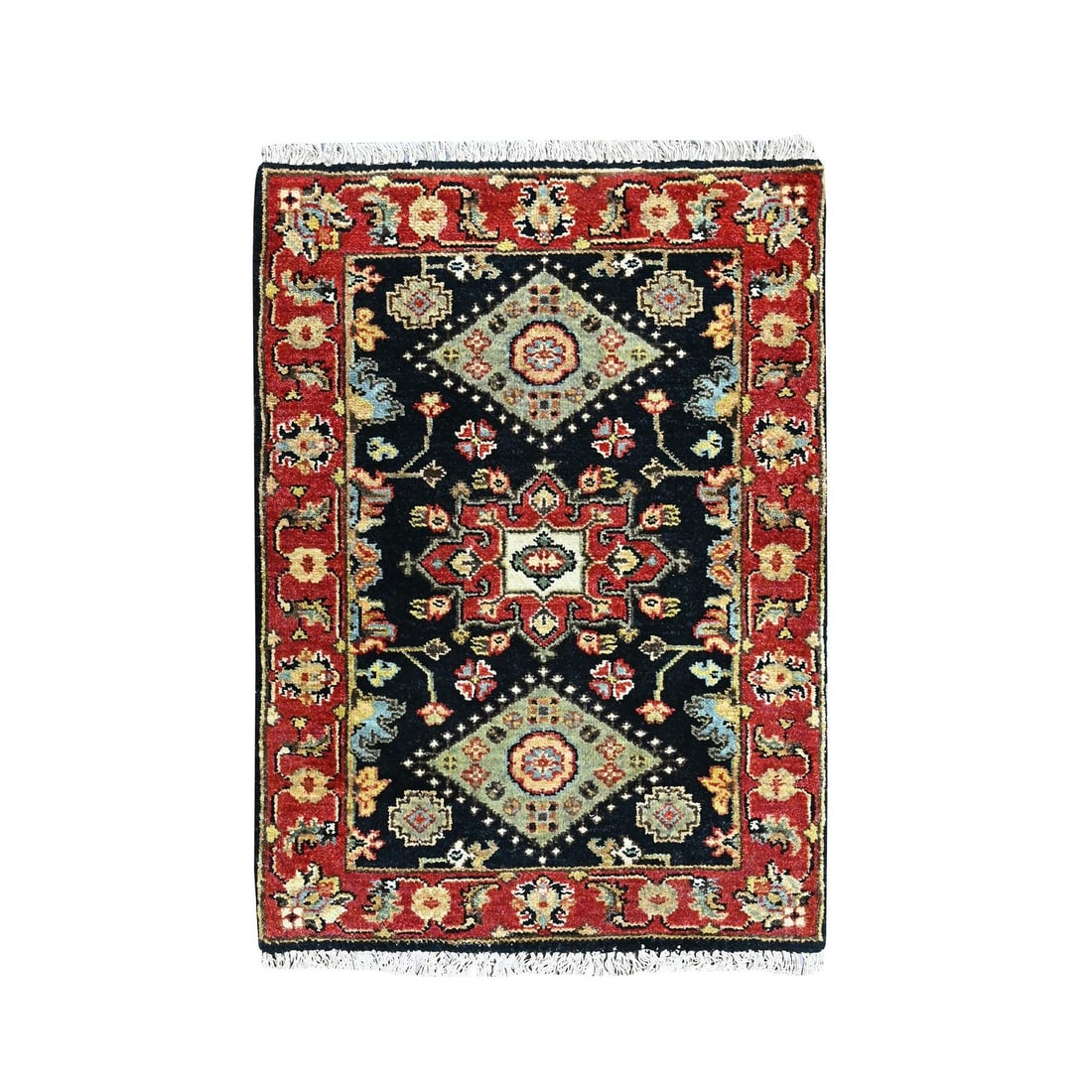 Hand Knotted Mat Oriental Rug 2'1"x3' Black Pure Wool Karjihooz Design: Hand Knotted Mat Oriental Rug 2'1"x3' Black Pure Wool Karjihooz Design Hand-knotted in pure wool, this Karjihooz design Oriental rug boasts a striking black field with intricate patterns in taupe, blu