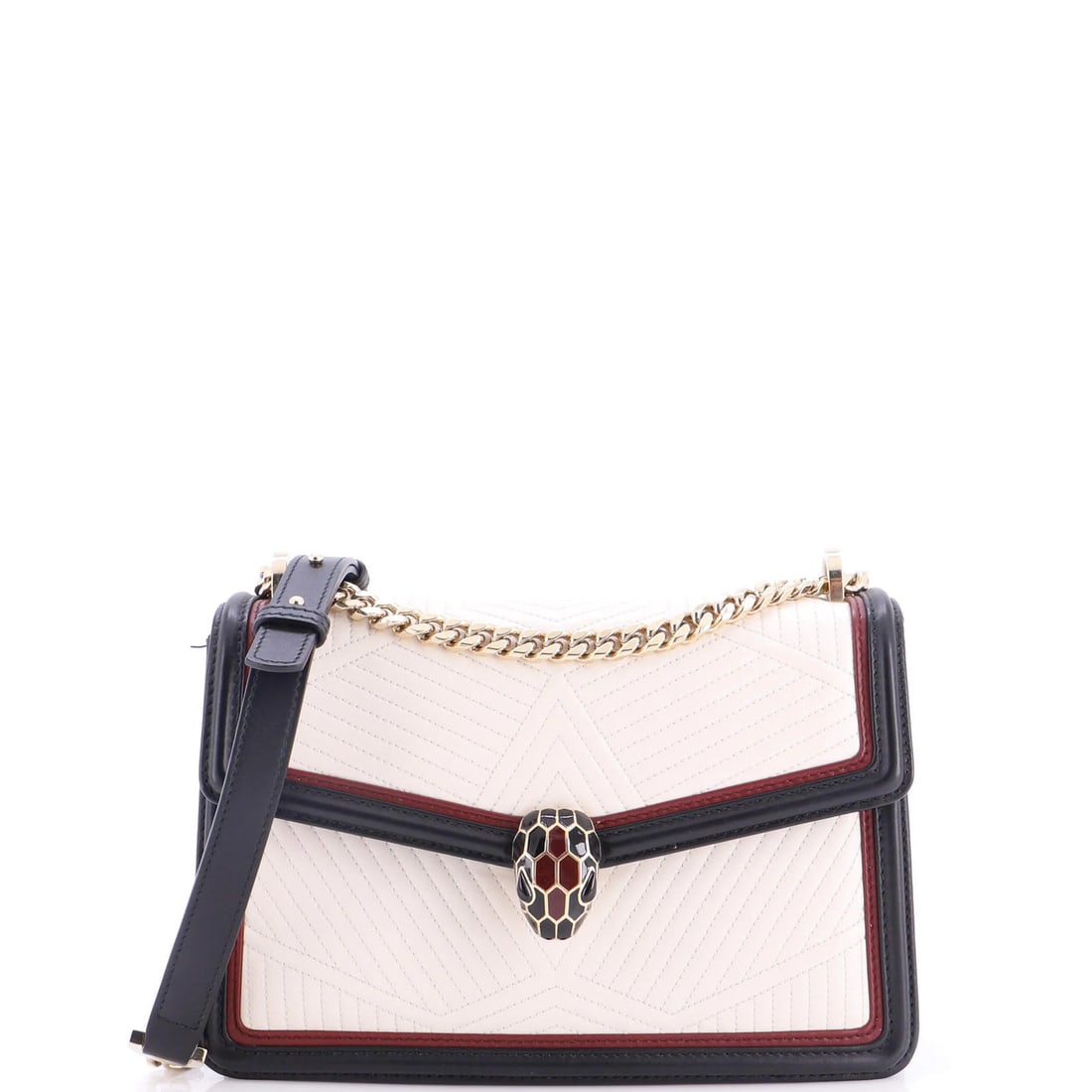 Bvlgari Serpenti Forever Shoulder Bag Quilted Leather Small: Bvlgari Serpenti Forever Shoulder Bag Quilted Leather Small The Bvlgari Serpenti Forever Shoulder Bag Quilted Leather Small boasts a neutral exterior with broken stitching and minor scuffs, adding a t