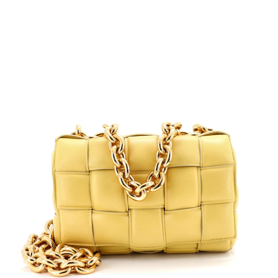Padded Maxi Intrecciato Leather Crossbody Bag Cassette Chain Bottega Veneta: Padded Maxi Intrecciato Leather Crossbody Bag Cassette Chain Bottega Veneta Padded Maxi Intrecciato Leather Crossbody Bag Cassette Chain Bottega Veneta boasts a vibrant yellow exterior with intricate 