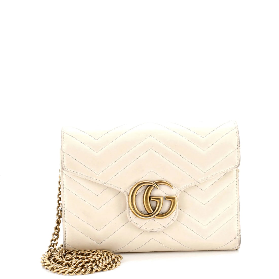 Marmont Matelasse Leather Chain Wallet Mini Gucci GG: Marmont Matelasse Leather Chain Wallet Mini Gucci GG This Gucci GG Marmont Chain Wallet Matelasse Leather Mini features a neutral exterior with heavy edge wear, scuffs, and discoloration. The interior
