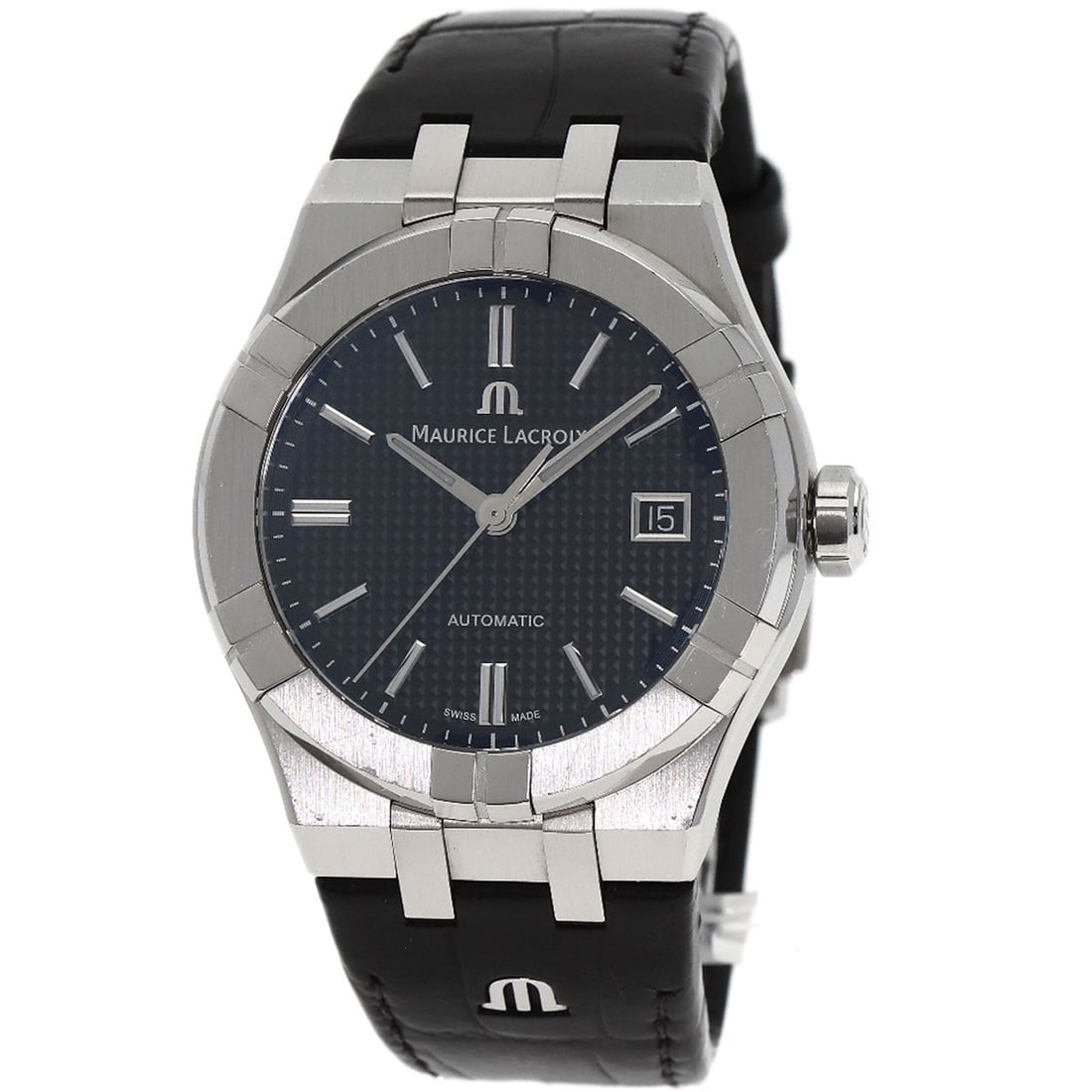 Maurice Lacroix Icon 1.5" Watches Ai6007 Stainless Steel/ Leather: Maurice Lacroix Icon 1.5" Watches Ai6007 Stainless Steel/ Leather Stainless steel and black leather come together in sleek, silver accents on the MAURICE LACROIX Icon 1.5" Watch, featuring a
