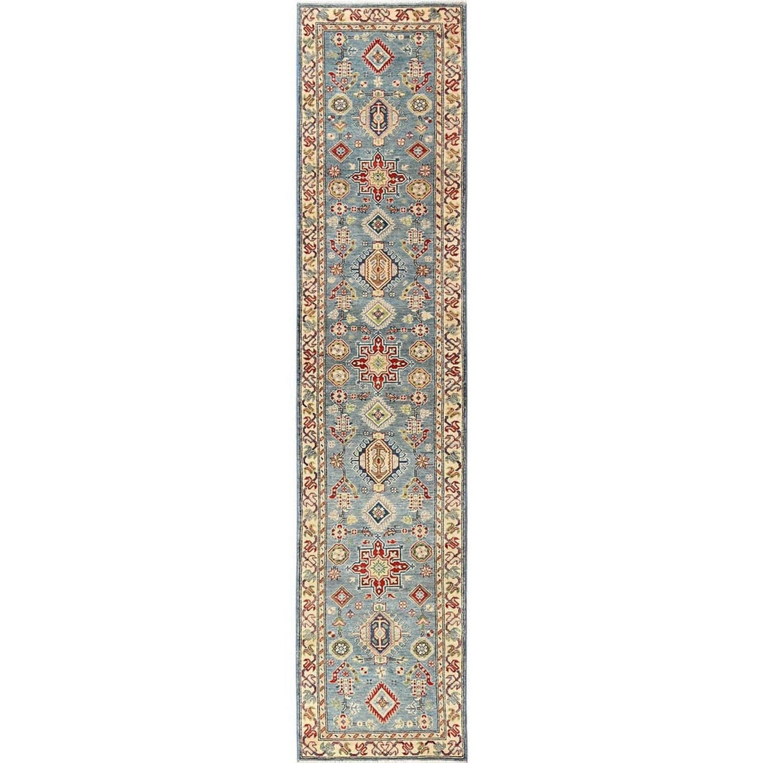 2'9"x12'9" Blue Kazak with Geometric Design Rug Hand Knotted Wool Runner: 2'9"x12'9" Blue Kazak with Geometric Design Rug Hand Knotted Wool Runner Hand-knotted wool runner in vibrant blue and geometric design, crafted with traditional Afghan techniques. This stunning