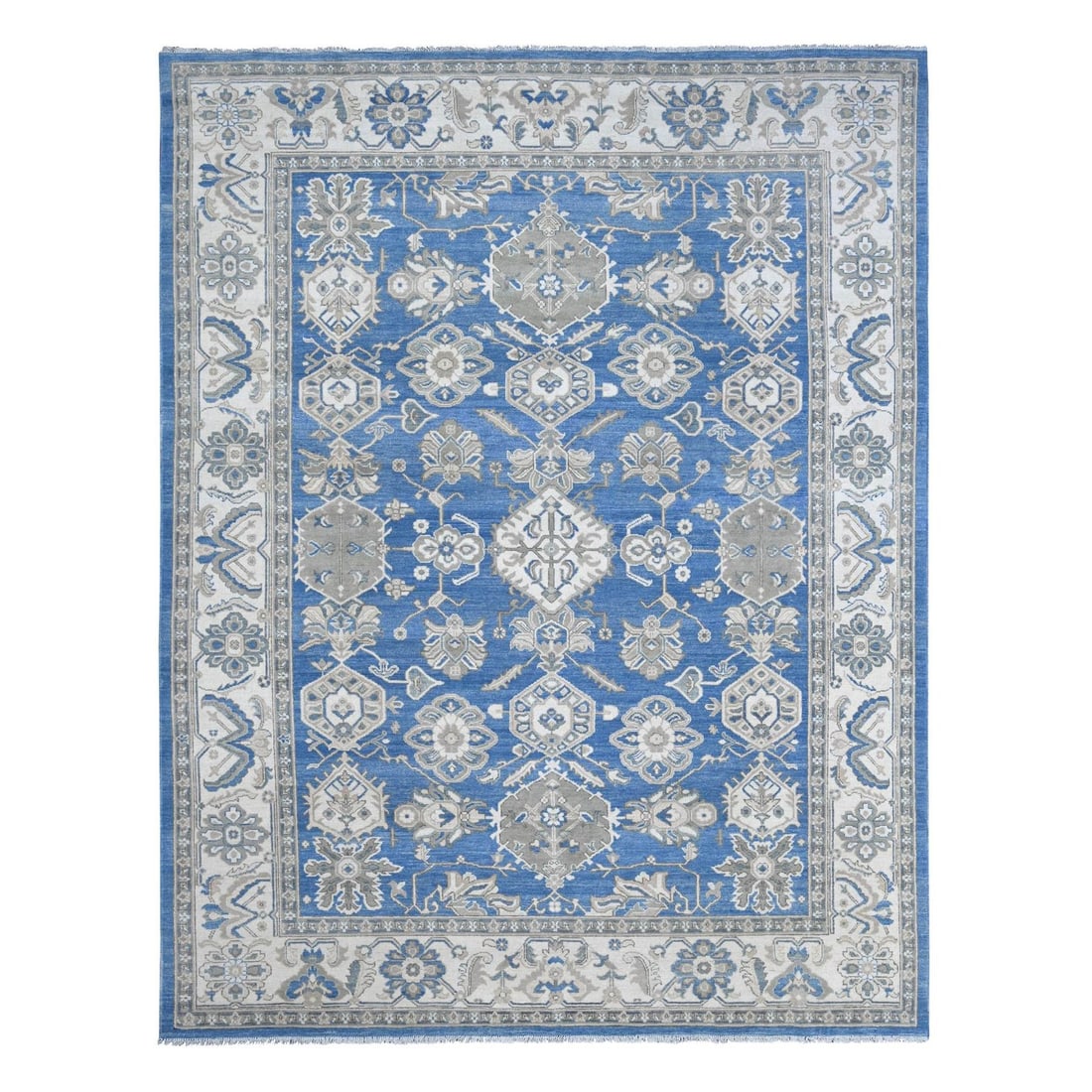 9'x11'6" Blue Vintage Look Kazak All Over Design Hand Knotted Wool Rug: 9'x11'6" Blue Vintage Look Kazak All Over Design Hand Knotted Wool Rug This stunning 9'x11'6" Blue Vintage Look Kazak All Over Design Hand Knotted Wool Rug boasts an all-over design in a beautiful