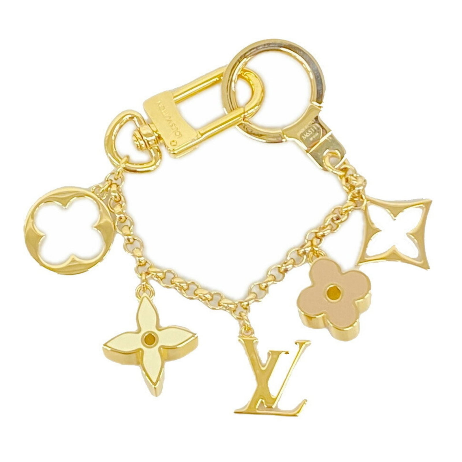 Keyring by Louis Vuitton: Keyring by Louis Vuitton Gold, Ivory, and Pink Keyring by Louis Vuitton. This elegant keyring boasts the iconic monogram pattern in three striking colors. Measuring 20cm x 2.5cm x 5.00mm, it adds a to
