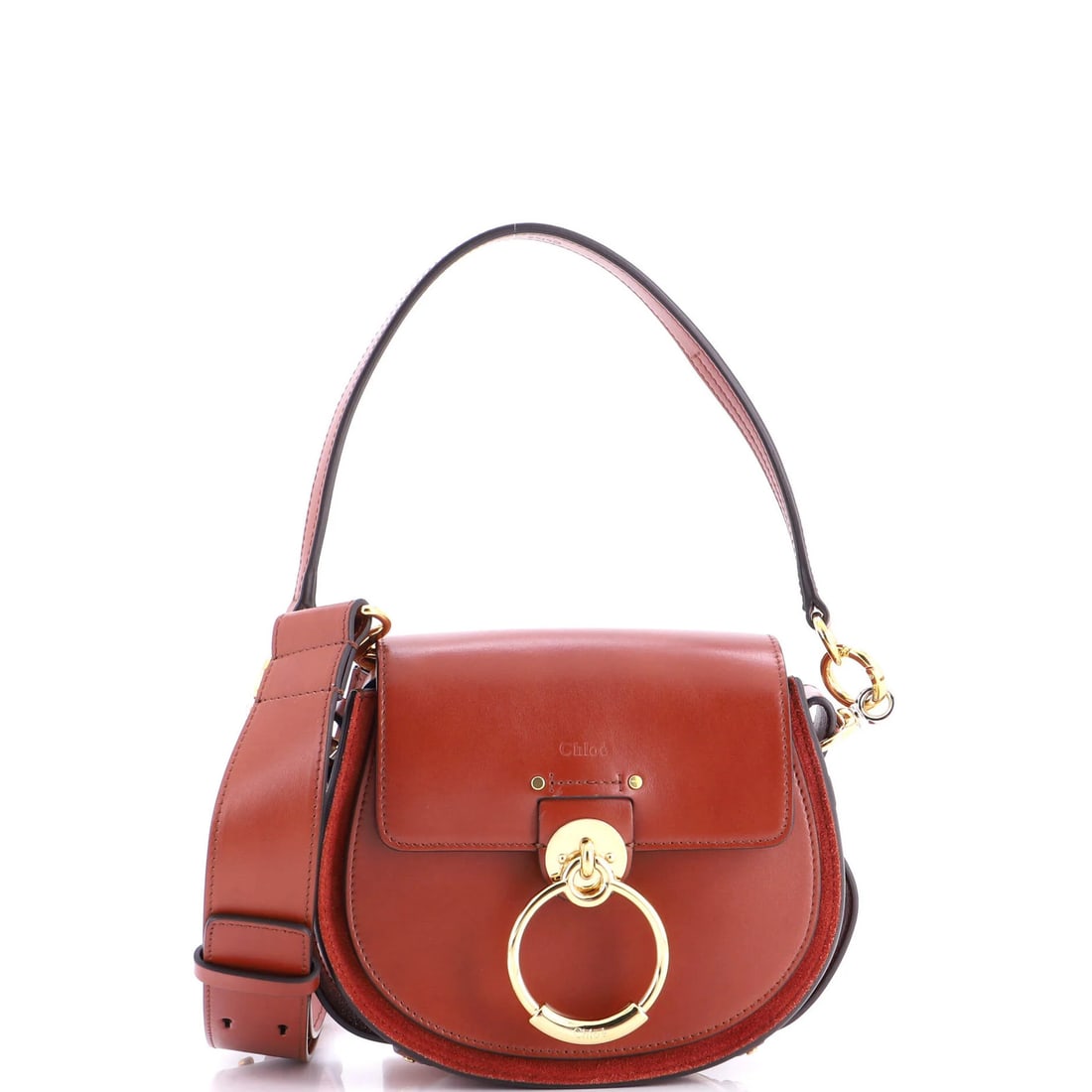 Small leather bag by Chloe Tess: Small leather bag by Chloe Tess The Chloe Tess small leather bag features rich brown suede exterior and gold hardware, with neutral interior. Measuring 6.5" tall and 7.5" wide, it has a comfortable ha