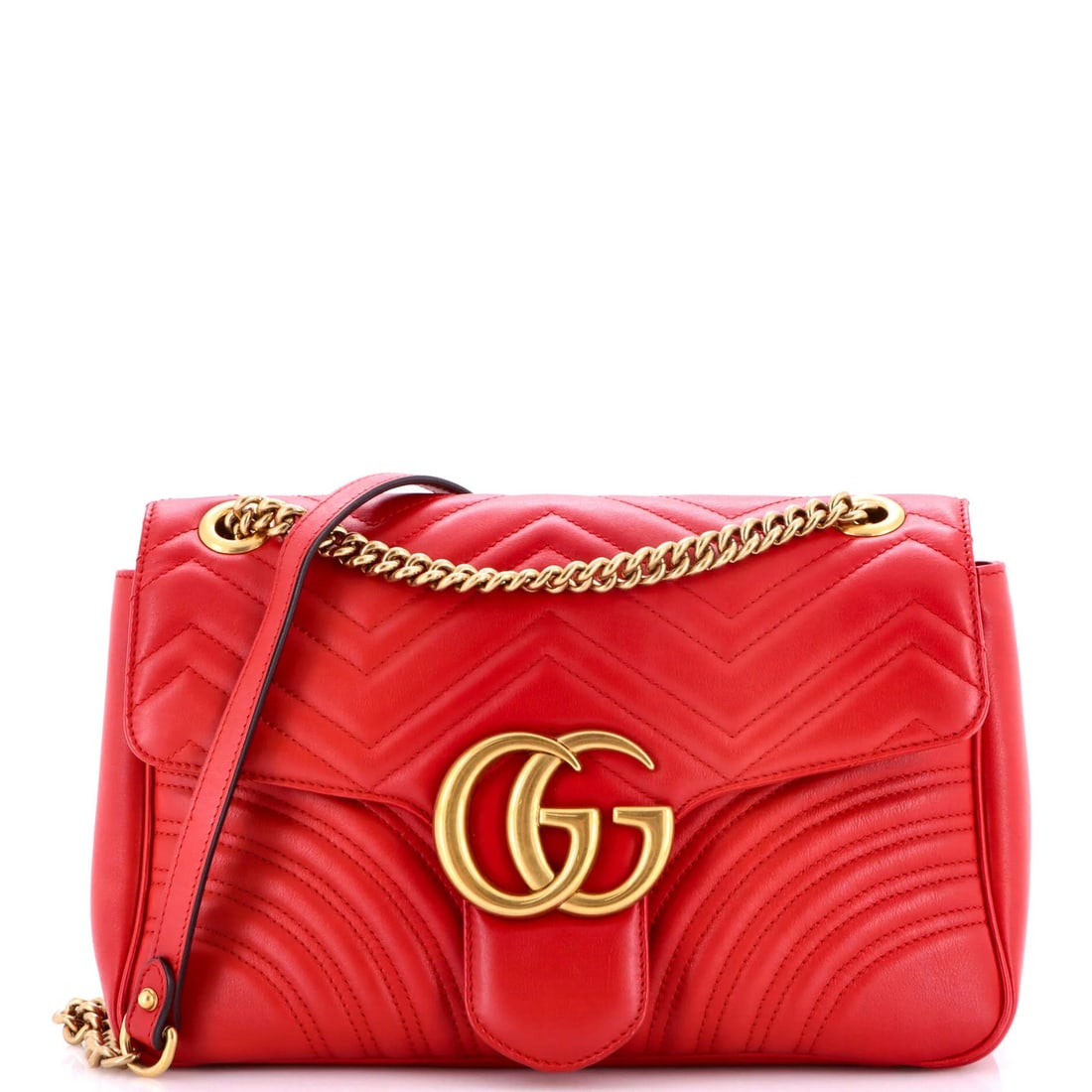 Gucci GG Flap Marmont Bag Leather Matelasse Medium: Gucci GG Flap Marmont Bag Leather Matelasse Medium Red Gucci GG Marmont Flap Bag Matelasse Leather Medium features a classic design with scuffs, corner wear, and minor creases on the exterior. The int