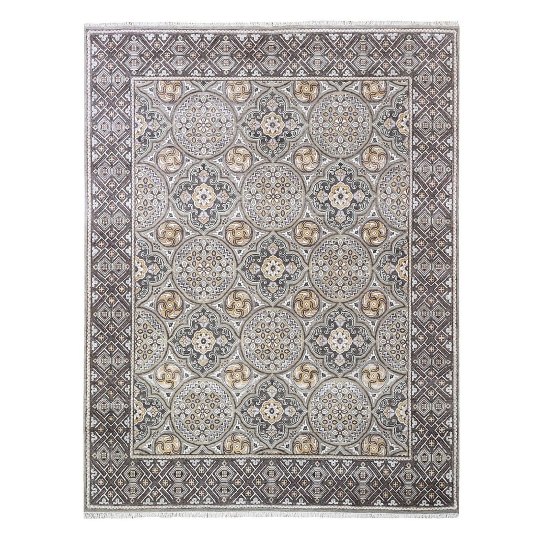 8'1"x10' Wool & Silk Mughal Inspired Medallions Design Hand Knotted Rug: 8'1"x10' Wool & Silk Mughal Inspired Medallions Design Hand Knotted Rug The Mughal-inspired medallions design hand-knotted rug boasts an intricate, rectangular field with a rich brown color palette. M