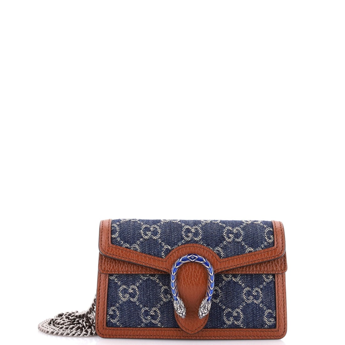 Denim Super Mini Gucci Dionysus Bag: Denim Super Mini Gucci Dionysus Bag Super Mini Gucci Dionysus Bag in Distinctive Denim Exterior. This cross body bag features a bold blue denim exterior with silver hardware, measuring just 4" tall an