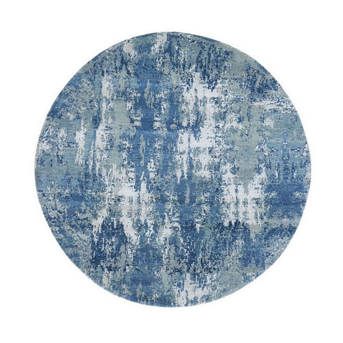 6'2"x6'2" Hand Knotted Blue Abstract Design Wool and Real Silk Round Rug: 6'2"x6'2" Hand Knotted Blue Abstract Design Wool and Real Silk Round Rug Hand-knotted in wool and silk, this stunning blue abstract design rug boasts an intricate Oriental pattern. Measuring 6'2" x 6'
