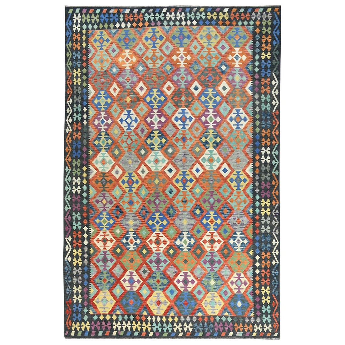 10'5"x15'10" Colorful Hand Woven Afghan Kilim Organic Wool Oversized Rug: 10'5"x15'10" Colorful Hand Woven Afghan Kilim Organic Wool Oversized Rug Colorful and vibrant, this 10'5"x15'10" hand-woven kilim rug boasts an intricate multi-colored design inspired by Oriental regi
