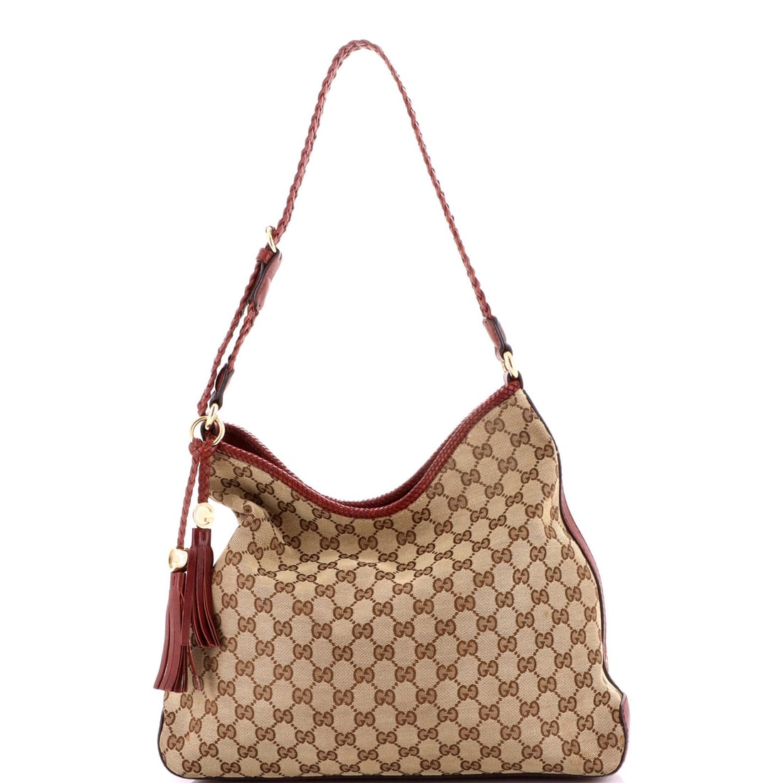 Marrakech Hobo Gucci Medium GG Canvas: Marrakech Hobo Gucci Medium GG Canvas The Marrakech Hobo Gucci Medium GG Canvas features a classic design with heavy scuffs on the base, edge wear, and discoloration, giving it a worn-in look. The