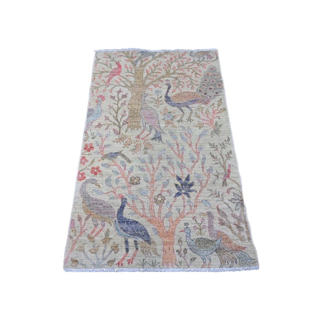 3'x4'8" Green Soft Wool Afghan Peshawar Birds Design Hand Knotted Rug: 3'x4'8" Green Soft Wool Afghan Peshawar Birds Design Hand Knotted Rug The 3'x4'8" Green Soft Wool Afghan Peshawar Birds Design Hand Knotted Rug boasts an intricate, hand-knotted design featuring a str
