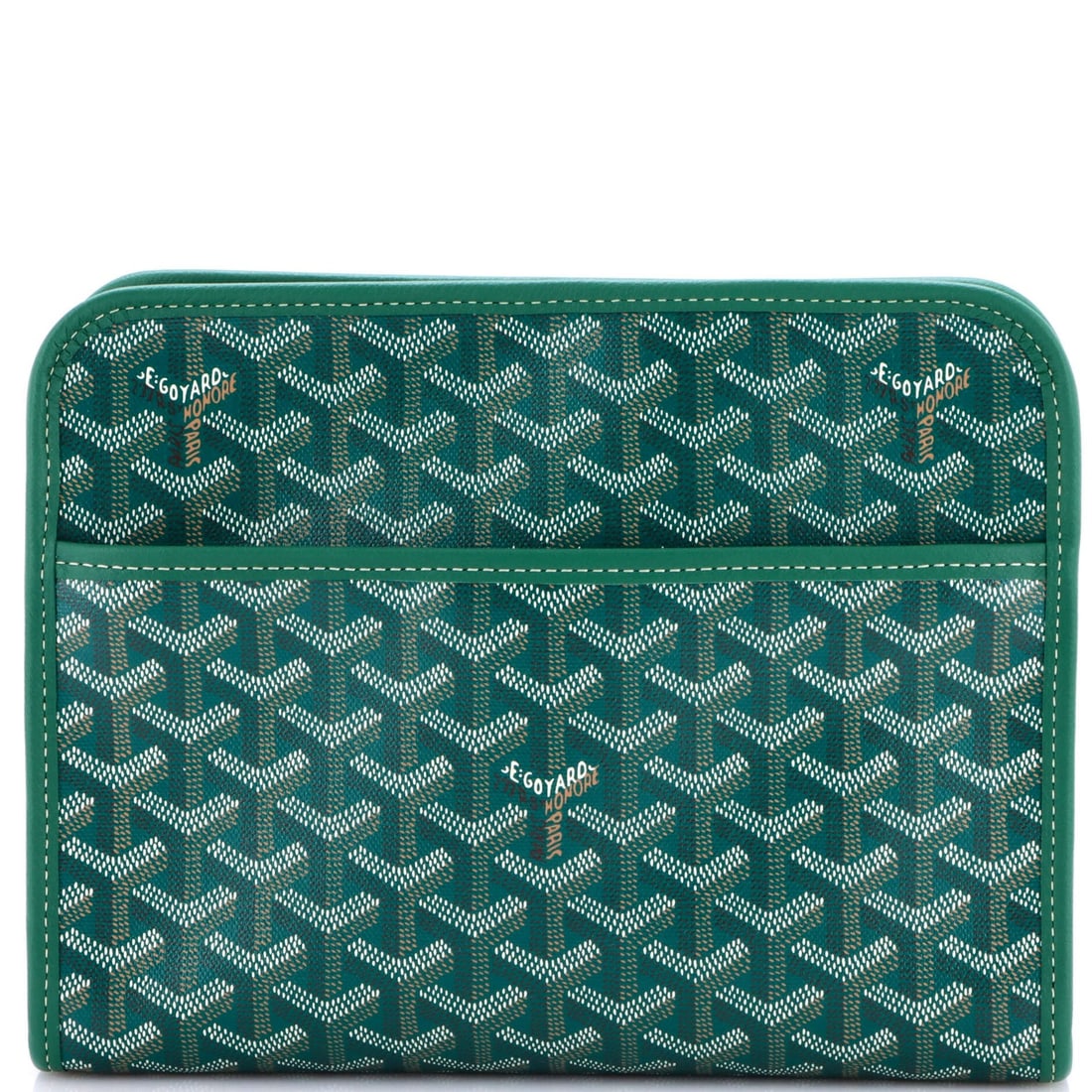 Canvas Coated Goyard Jouvence Toiletry Pouch: Canvas Coated Goyard Jouvence Toiletry Pouch Canvas Coated Goyard Jouvence Toiletry Pouch in Green. This canvas coated Goyard Jouvence Toiletry Pouch features a vibrant green exterior with a yellow in