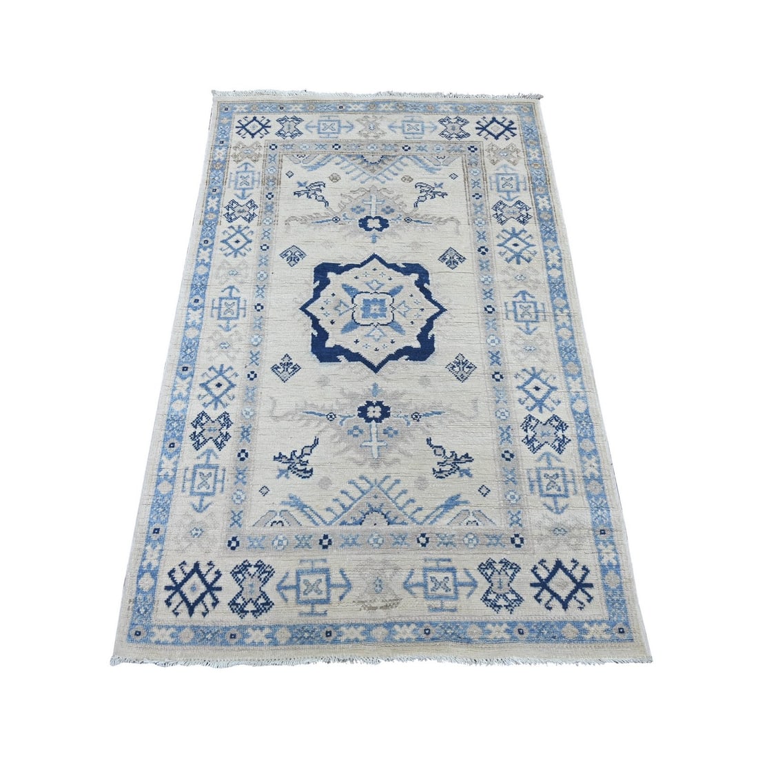 3'2"x5' Ivory Vintage Look Kazak Geometric Medallion Wool Hand Knotted Rug: 3'2"x5' Ivory Vintage Look Kazak Geometric Medallion Wool Hand Knotted Rug Ivory medallion wool hand-knotted rug with a classic Kazak design, measuring 32" x 38". This beautifully crafted piece featur