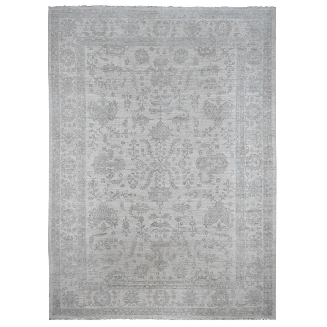 10'x13'8" Cotton White Washed Out Peshawar 100% Wool Hand Knotted Rug: 10'x13'8" Cotton White Washed Out Peshawar 100% Wool Hand Knotted Rug Authentic Afghan Peshawar hand-knotted wool rug, measuring 10' x 13'8" in size. This stunning ivory-colored piece features an orie
