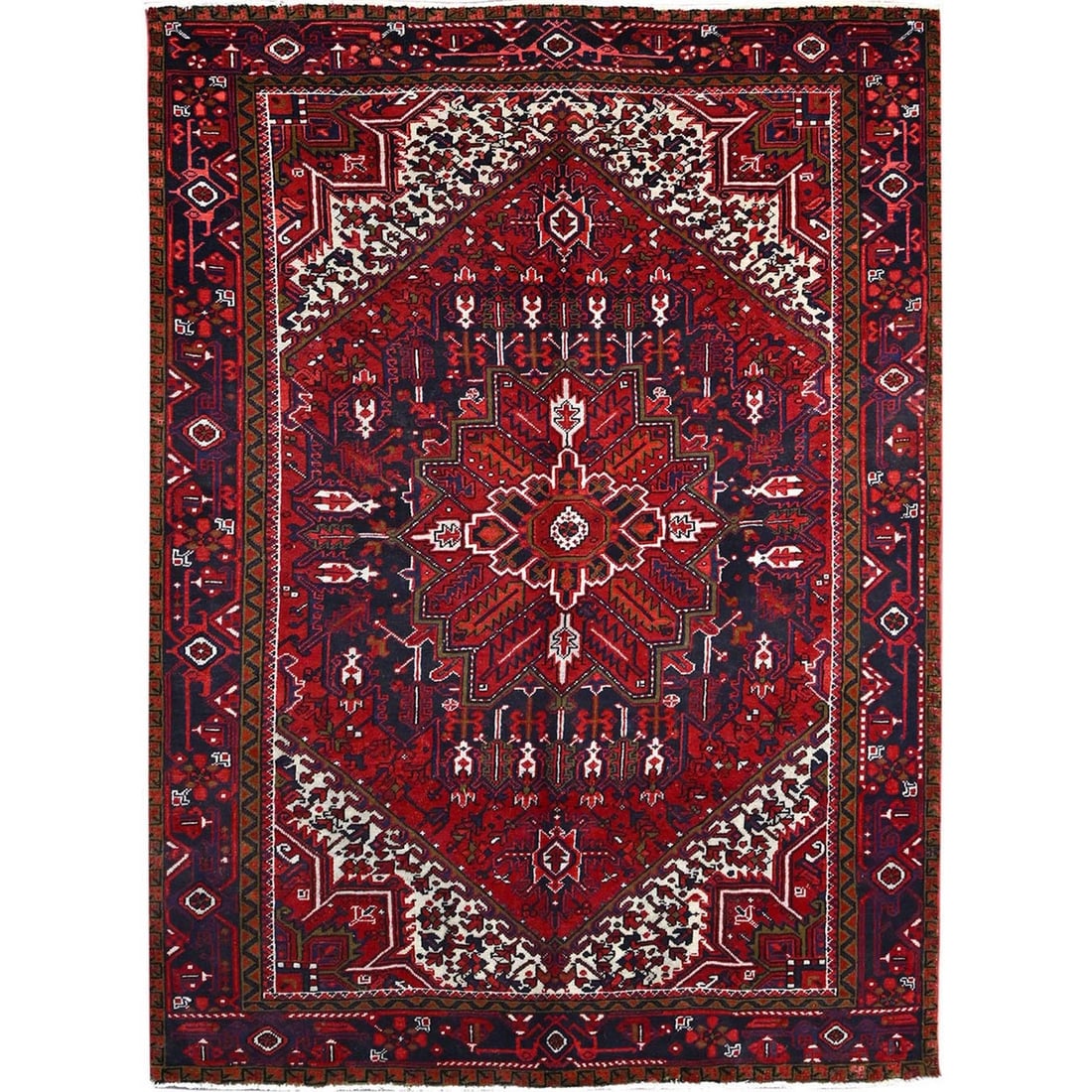 7'1"x9'6" Lusty Red Vivid Shiny Wool, Hand Knotted Vintage Oriental Rug: 7'1"x9'6" Lusty Red Vivid Shiny Wool, Hand Knotted Vintage Oriental Rug This stunning 7'1"x9'6" Lusty Red Vivid Shiny Wool, Hand Knotted Vintage Oriental Rug boasts a rich, vibrant red color and intri