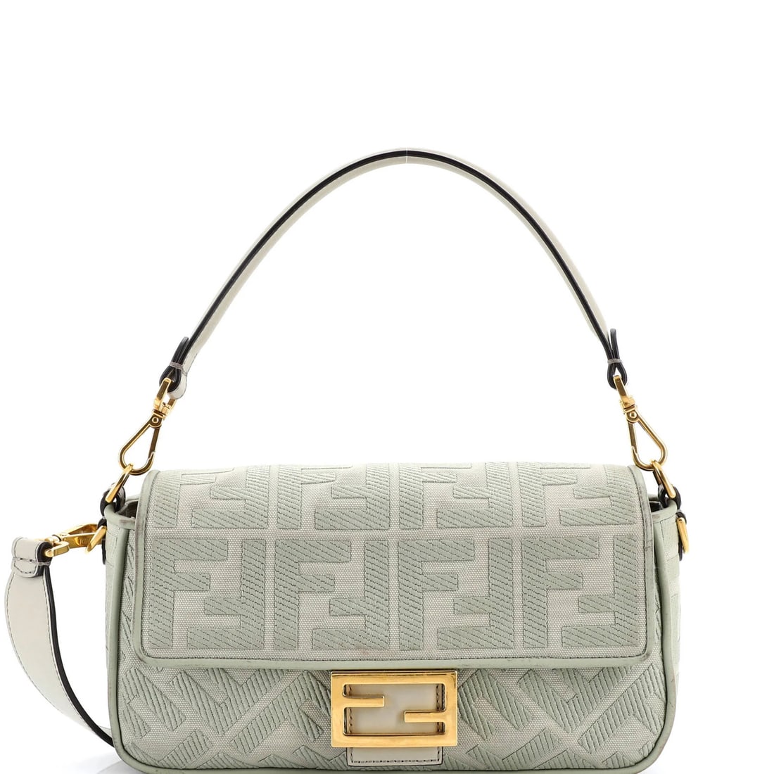 Baguette Fendi Medium Zucca NM Embroidered Bag Canvas: Baguette Fendi Medium Zucca NM Embroidered Bag Canvas Canvas Fendi Baguette Medium Zucca Embroidered Green Bag with Extra Strap. This medium-sized shoulder bag features a green canvas exterior, gold h