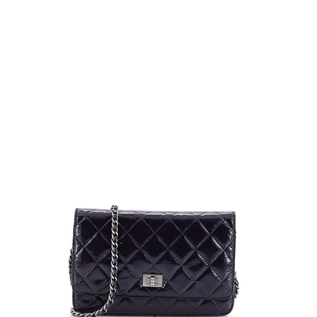 Chain quilted patent wallet on chain reissue 2.55 Chanel: Chain quilted patent wallet on chain reissue 2.55 Chanel Patent leather exterior and quilted design make this reissue 2.55 Chanel wallet on chain a striking accessory. Measuring 5" x 7.5" x 1.5", it