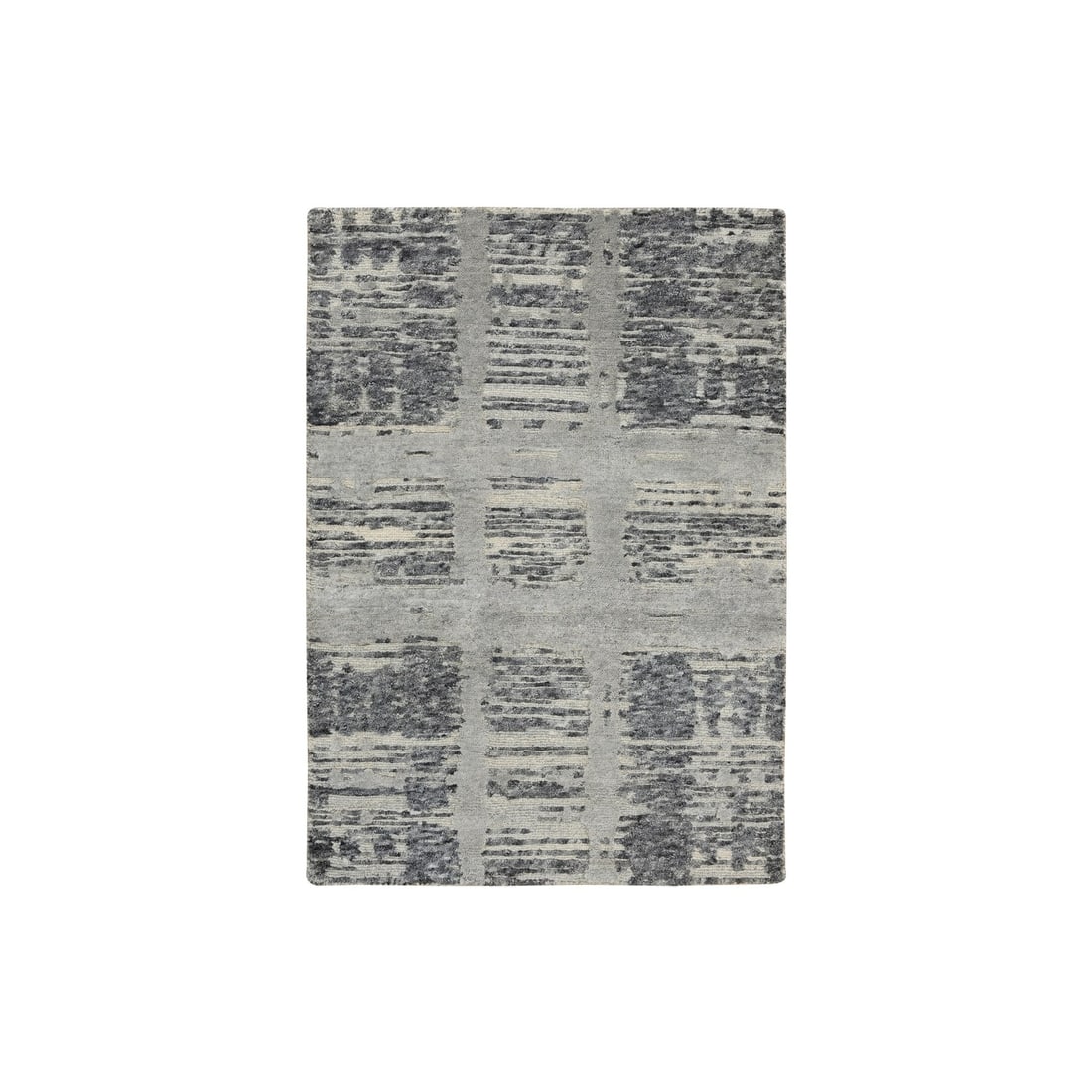 2'1"x3'1" Light Gray Hand Knotted Modern Hand Spun Wool Mat Oriental Rug: 2'1"x3'1" Light Gray Hand Knotted Modern Hand Spun Wool Mat Oriental Rug Light Gray Hand Knotted Wool Mat. This modern, hand-spun wool mat features an oriental design in light gray and ivory hues, wit