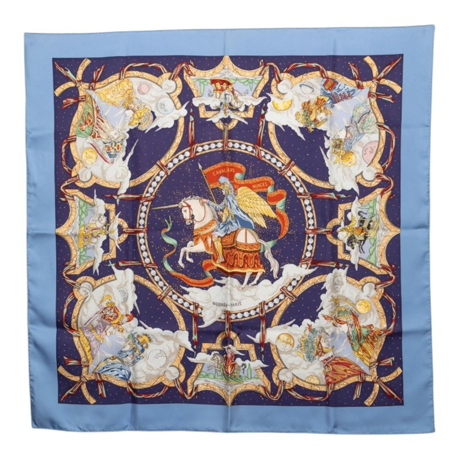 Hermes silk scarf: Hermes silk scarf Silk scarf from renowned French fashion house Hermes, featuring a vibrant blue and multi-color design. Made from high-quality silk, the scarf measures 88cm x 86cm, providing a stylis