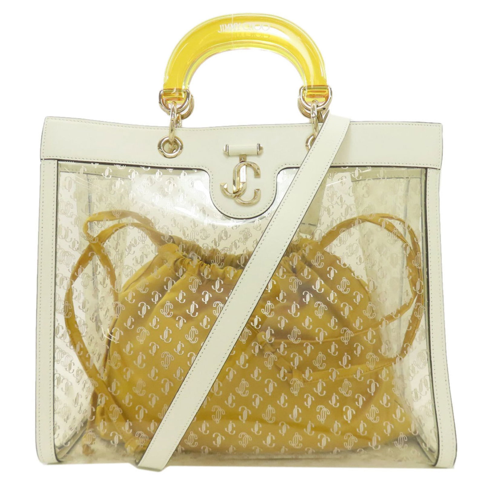 Jimmy Choo Handbag Pouch Vinyl: Jimmy Choo Handbag Pouch Vinyl The Jimmy Choo Handbag Pouch Vinyl boasts a sleek, clear vinyl design with a subtle white accent. Measuring 30cm x 35cm x 15cm, it offers a compact and stylish storage s