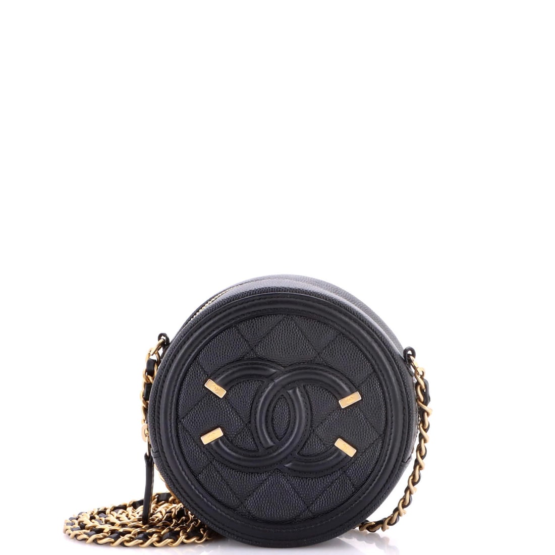 Round clutch chain quilted caviar mini by Chanel: Round clutch chain quilted caviar mini by Chanel Black leather cross body bag with chain quilted design, featuring a round Filigree clasp and measuring 5" in height, width, and depth. Minor scuffs on 