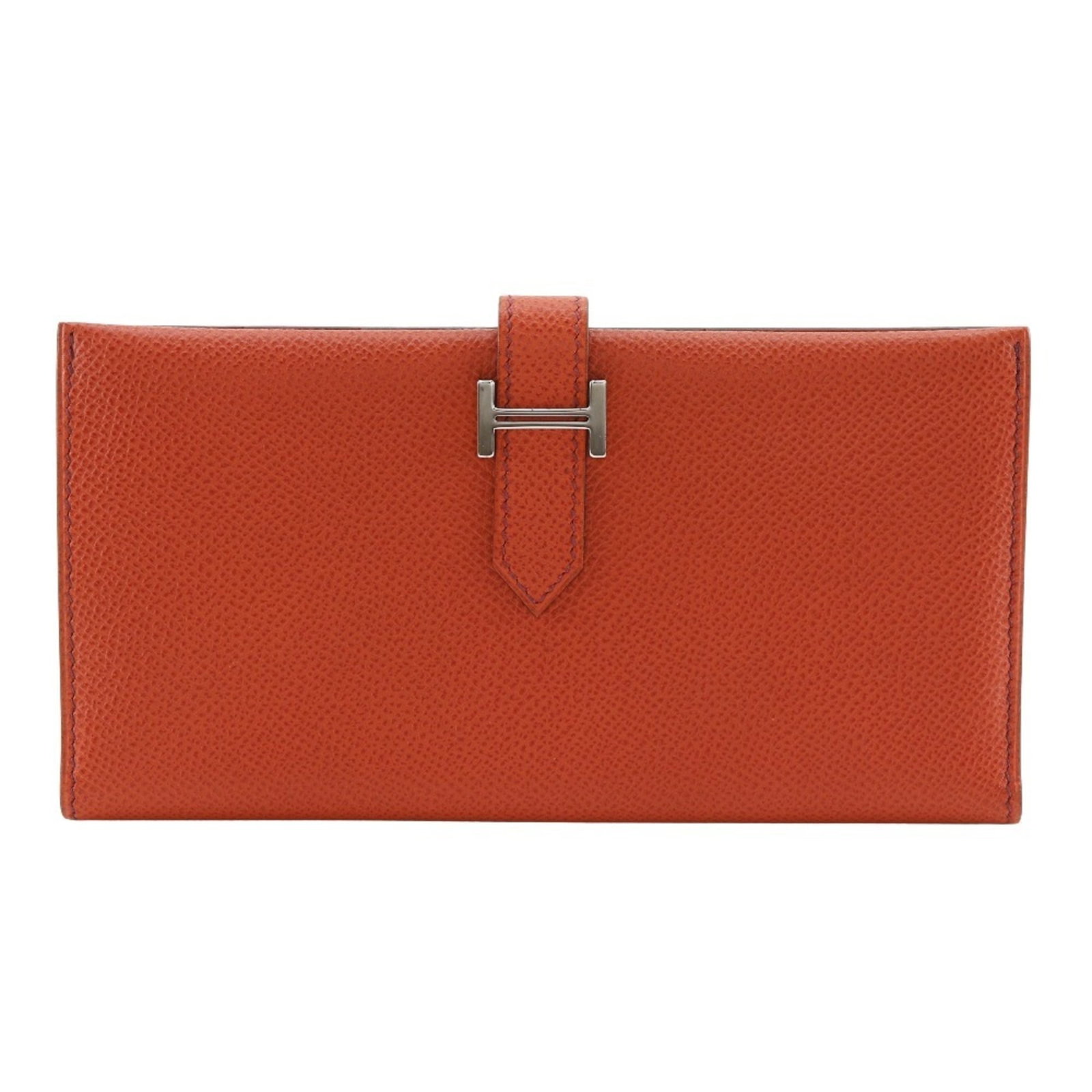 Hermes Long Epsom Leather Bi Fold Wallet: Hermes Long Epsom Leather Bi Fold Wallet The Hermes Long Epsom Leather Bi Fold Wallet features a vibrant orange Epsom leather exterior, measuring 9.5cm x 17.5cm x 1.5cm in size. This bi-fold wallet co