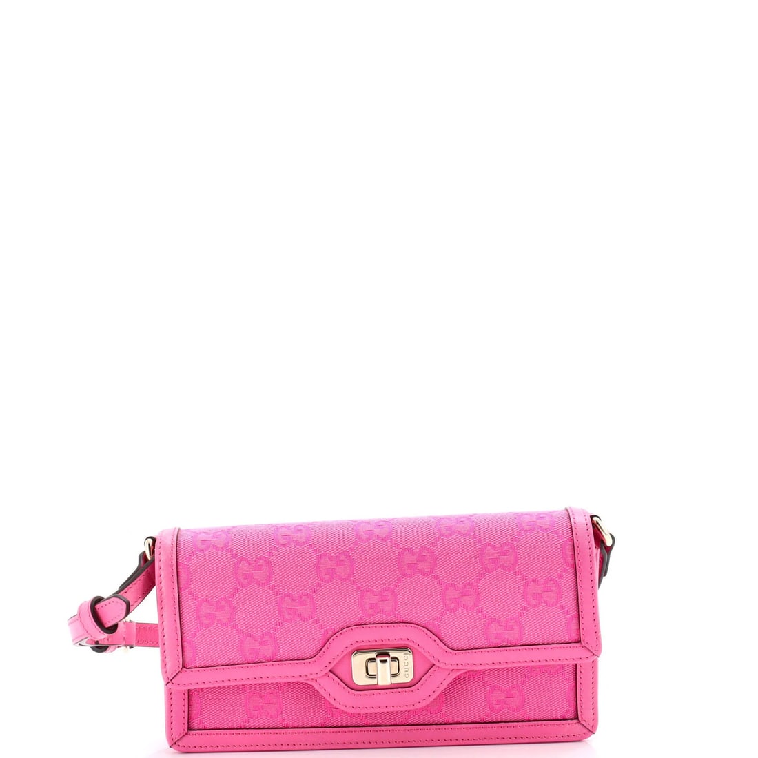 Luce shoulder bag canvas mini GG Gucci: Luce shoulder bag canvas mini GG Gucci Pink canvas mini Luce shoulder bag from Gucci, featuring plain exterior with minor scuffs and gold tone hardware. The interior boasts pink canvas with leather ac