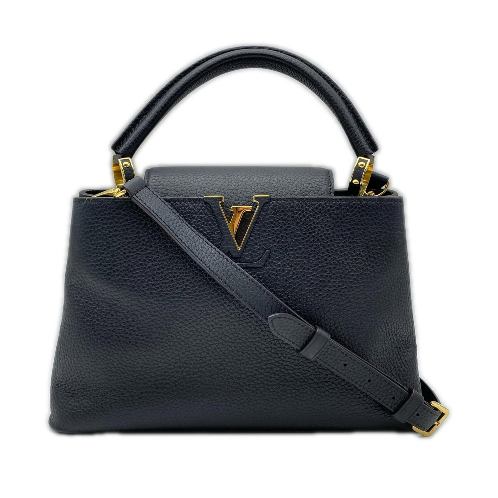 Handbag Louis Vuitton Leather: Handbag Louis Vuitton Leather Black Louis Vuitton Leather Handbag with Taurillon Leather Construction. This sleek and sophisticated handbag features RFID-enabled serial number on the body, measuring 1