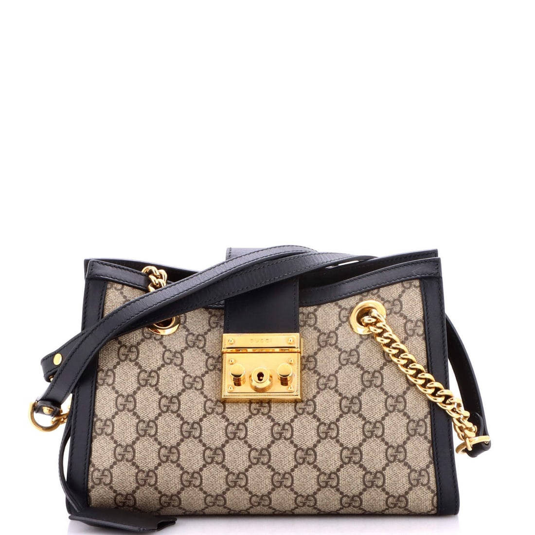Small leather chain tote with coated canvas and gucci padlock GG: Small leather chain tote with coated canvas and gucci padlock GG Small leather chain tote with coated canvas and iconic Gucci padlock GG, adding a touch of luxury to your daily essentials. The black e