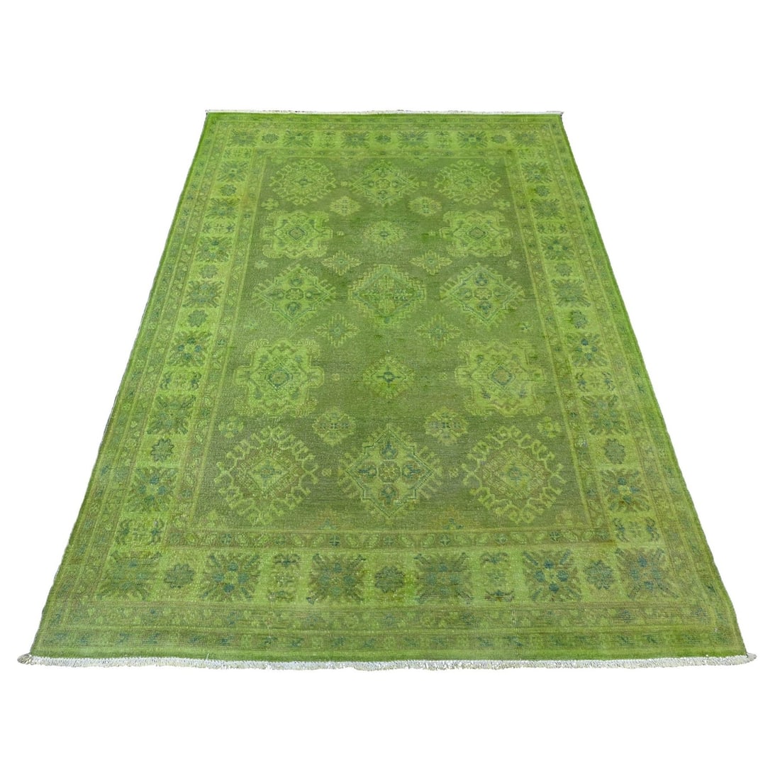 4'10"x6'9" Green Overdyed Kazak Tribal Design Pure Wool Hand Knotted Rug: 4'10"x6'9" Green Overdyed Kazak Tribal Design Pure Wool Hand Knotted Rug This stunning Kazak-style rug boasts an eye-catching green overdyed design, adding a pop of vibrant color to any room. Hand-kno