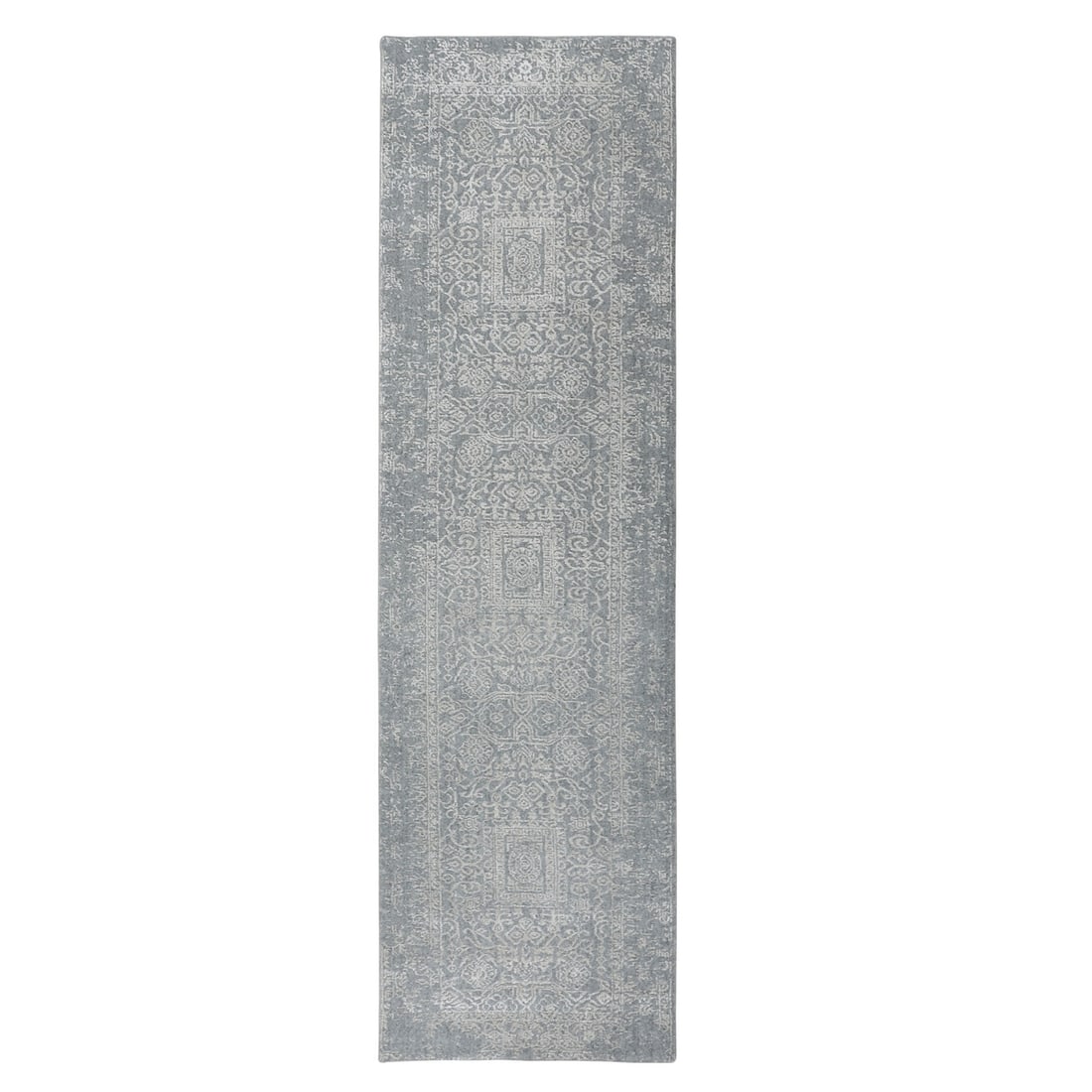 2'5"x10'2" Fine jacquard Hand Loomed Modern Wool And Art Silk Runner Rug: 2'5"x10'2" Fine jacquard Hand Loomed Modern Wool And Art Silk Runner Rug Modern wool and art silk runner rug with hand loomed construction, featuring an Oriental-inspired design. This 29" wide, grey-c