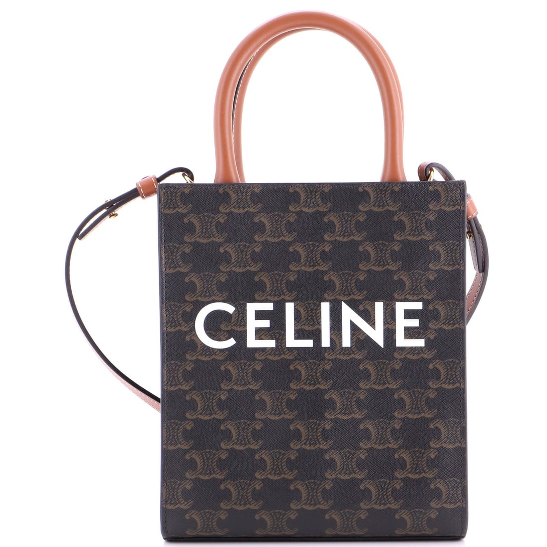 Triomphe Coated Mini Cabas Vertical Tote Celine: Triomphe Coated Mini Cabas Vertical Tote Celine The Triomphe Coated Mini Cabas Vertical Tote Celine is a stylish and compact canvas tote with a brown exterior, gold hardware, and a subtle perfume odor