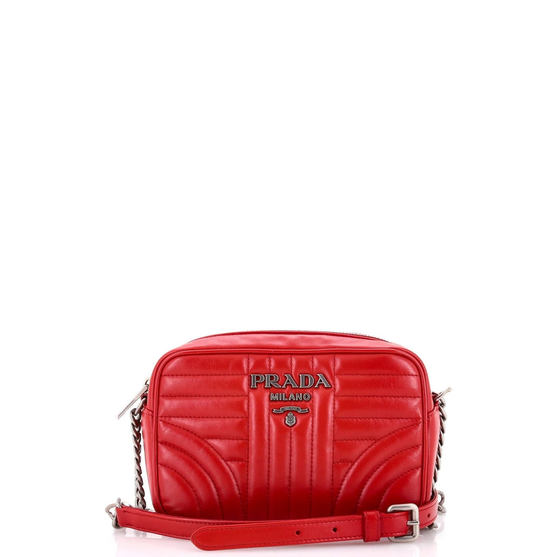 Quilted Leather Mini Bag Camera Prada: Quilted Leather Mini Bag Camera Prada Quilted Leather Mini Bag Camera Prada features a bold red exterior with quilted leather detailing, adding texture and visual interest. The mini size measures 5" x