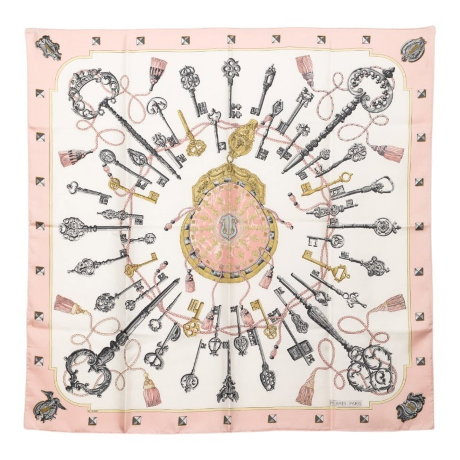 Hermes silk scarf: Hermes silk scarf Silk scarf from renowned brand Hermes, available in pink and white hues. Made from high-quality silk, the scarf measures 88cm x 90cm, offering a stylish addition to any outfit. Item 