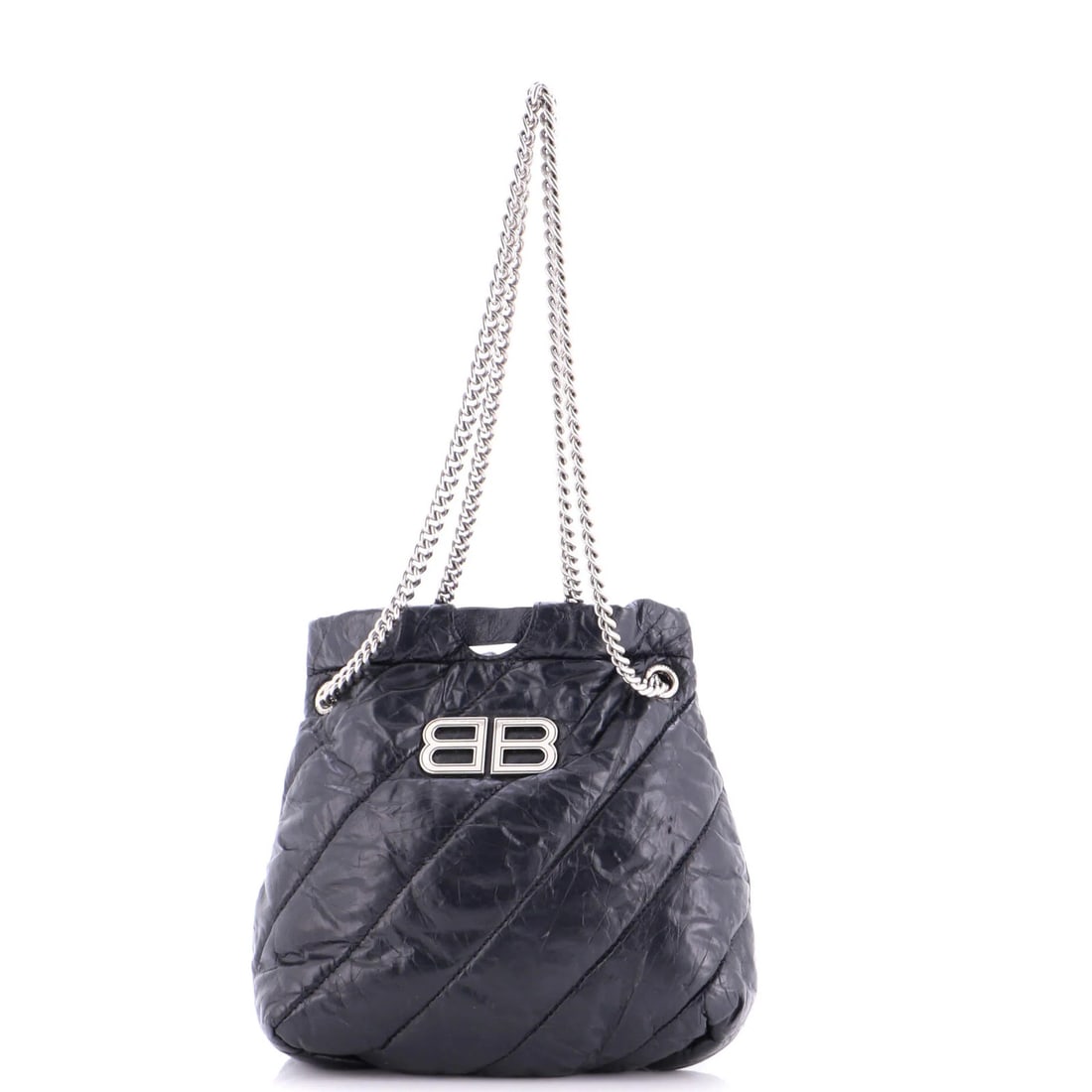 XS calfskin quilted chain tote crushed crush by balenciaga: XS calfskin quilted chain tote crushed crush by balenciaga XS Calfskin Quilted Chain Tote in Black by Balenciaga. This distressed black quilted chain tote features calfskin exterior with scuffs, edge 