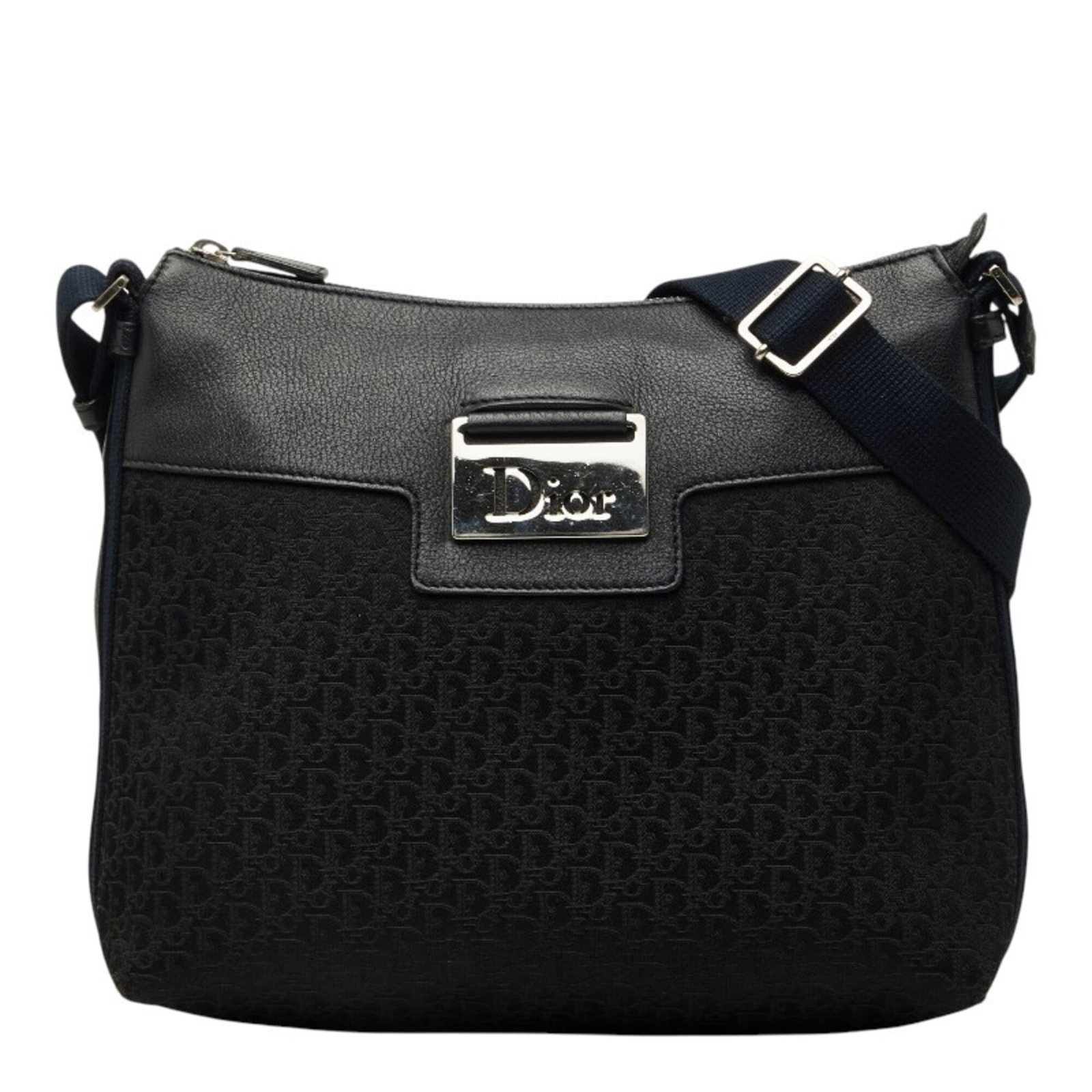 Leather jacquard shoulder bag by Christian Dior: Leather jacquard shoulder bag by Christian Dior Black and navy leather jacquard shoulder bag by Christian Dior, measuring 23cm x 25.5cm x 9.5cm. This stylish shoulder bag features a luxurious leather 